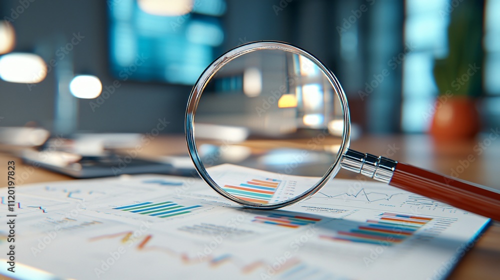 Poster magnifying glass on charts and graphs in a modern workspace.