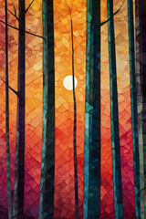 serene sunrise over mountains featuring colorful geometric designs showcasing intricate shapes against a tranquil backdrop