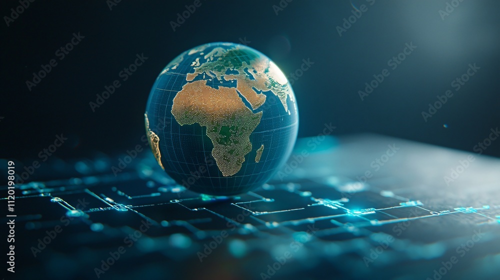 Poster a globe representing earth on a digital network background.