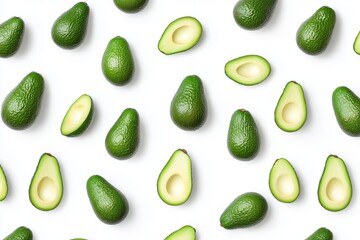 A pattern of cut avocado halves. Chopped pitted avocado. Realistic photography for design, printing on fabric or paper.