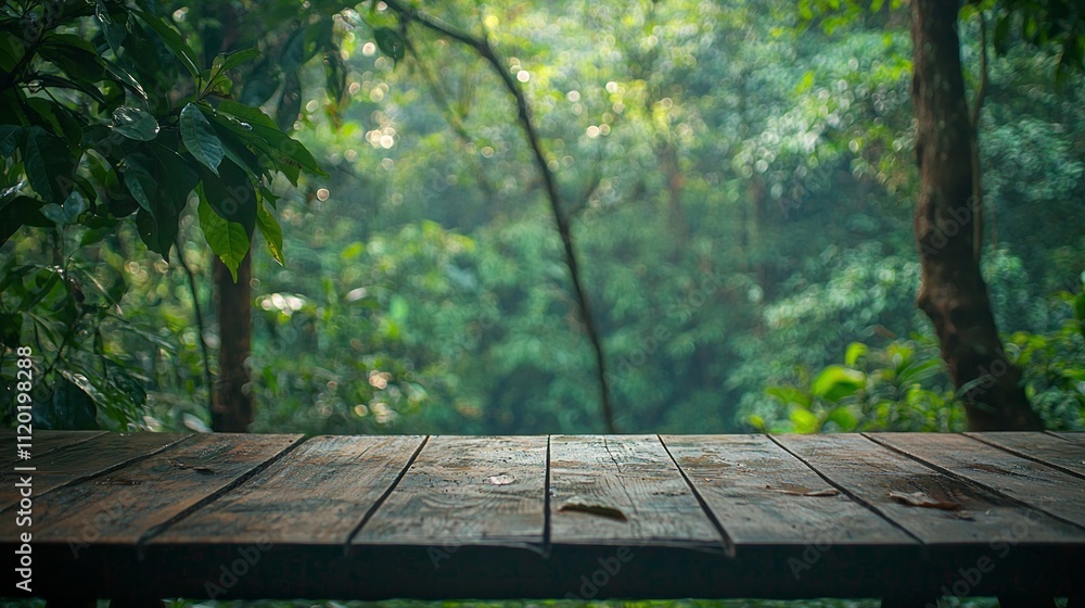 Aufkleber a rustic wooden table top rests in a peaceful outdoor setting, its surface warmly illuminated by gen
