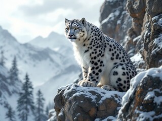 Snow Leopard on Snowy Mountain Rock