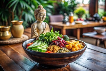 A colorful Buddha bowl featuring fresh greens, cucumbers, beets, grains, and sweet potatoes, served in a serene setting with a golden Buddha statue.