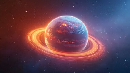 Obraz premium A vivid depiction of a planet surrounded by glowing rings in space.