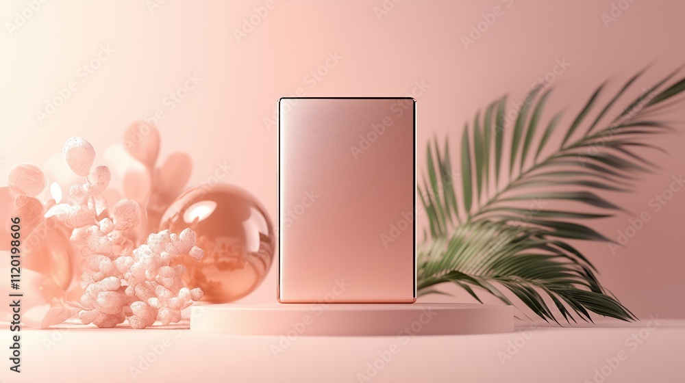 Poster elegant product display with soft lighting and decorative elements in a minimalistic setting
