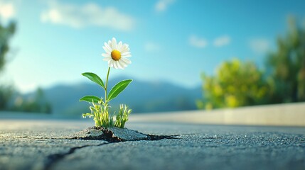A flower growing through a crack in the pavement under a blue sky.