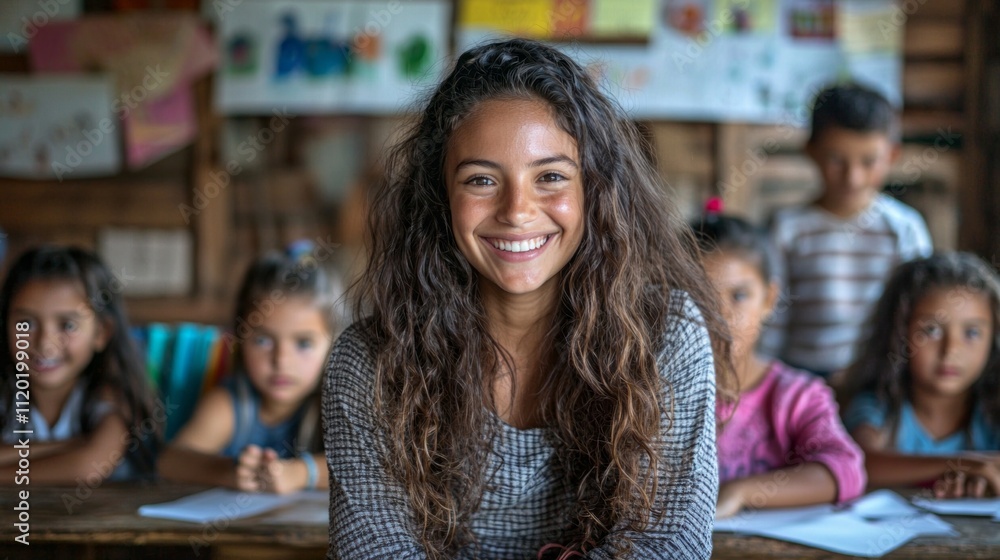Poster in a lively classroom filled with creativity, a joyful teacher smiles while surrounded by happy chil