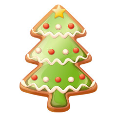 Traditional Christmas gingerbread glazed cookie. Sugar cookie christmas tree shape. Homemade biscuit decorated with glaze