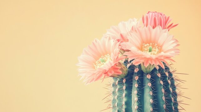 A vibrant cactus displays blooming pink flowers, showcasing beauty and resilience in a sunny setting. Soft yellow light enhances the delicate petals and spines