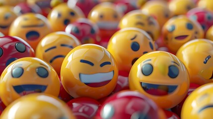 A three dimensional depiction of many emoticons with faces that symbolize various emotions