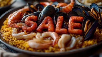 Seafood platter with sale announcement highlighted in vibrant letters