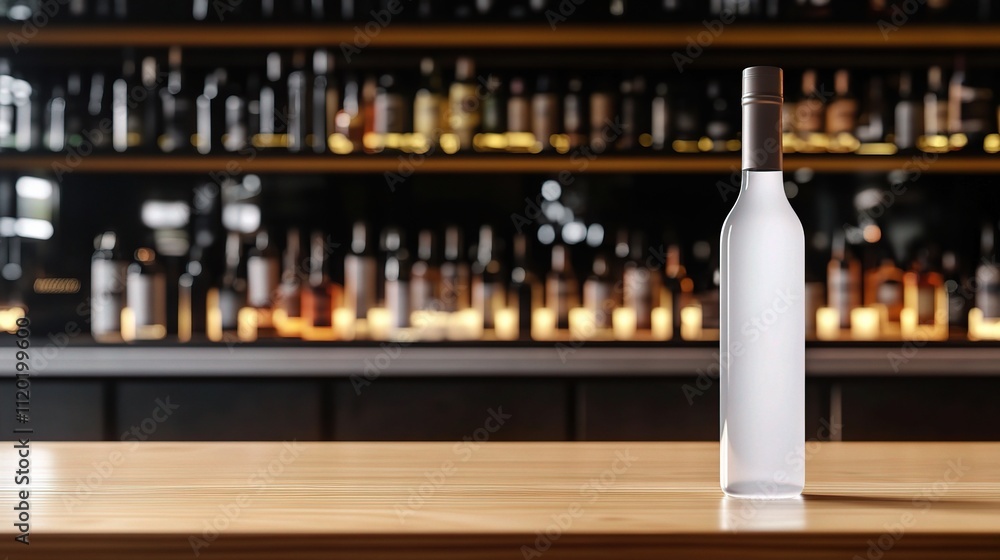 Poster empty wooden table with bottles in a bar setting background