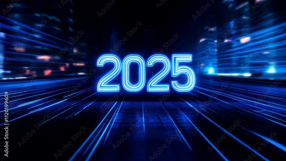 Poster new year 2025 futuristic representation with a glowing blue design and dynamic motion effect.