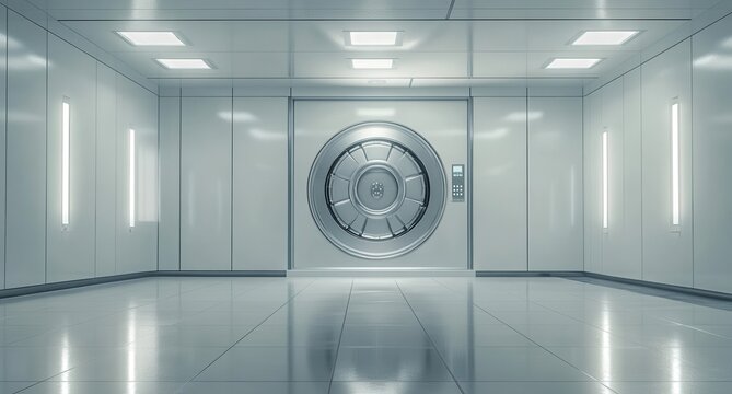 Modern Bank Vault Interior with Metallic Door and Clean Minimalist Design Featuring LED Lights on Sleek White Walls and Glimmering Floor