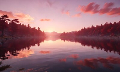 Soft pink and red hues on a sunset over a tranquil lake, peaceful water, serene atmosphere, lake scenery