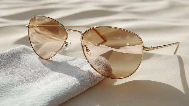 Stylish dark blue tinted sunglasses rest on a draped textured fabric.

