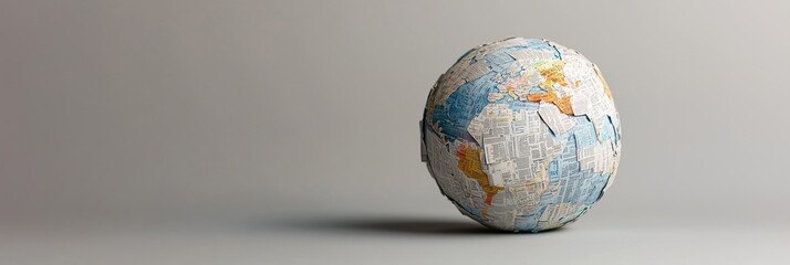 A globe sculpture made of layered newspaper pieces on a light grey background