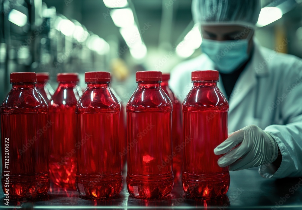 Poster production of red beverage in a factory setting with worker wearing protective gear and sanitizing i