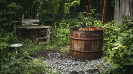 Obraz premium An old, weathered oil barrel used as a fire pit in a campsite surrounded by nature.
