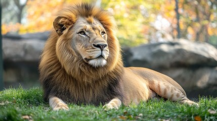 Obraz premium A majestic lion rests on the green grass, surrounded by the soft hues of nature, embodying the spirit of the wild while basking in serene, tranquil sunlight.
