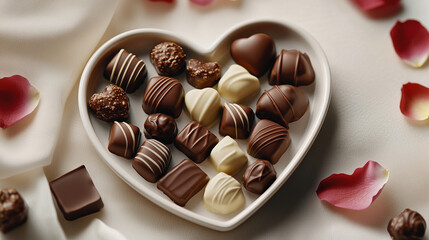 Variety of delicious and sweet chocolates arranged on a heart-shaped plate