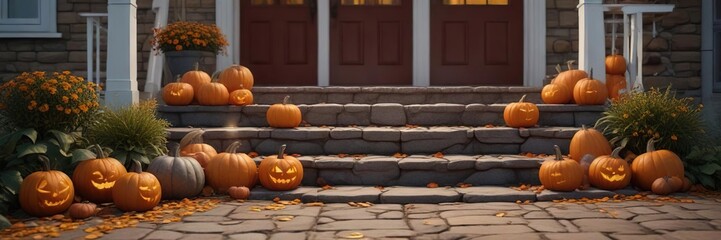 Obraz premium Stepping stones with carved pumpkins leading to a cozy porch, fall pathway, carved pumpkins, natural elements