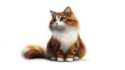 Obraz premium 3D icon of an American Longhair cat sitting with tail wrapped around its paws, soft fur in various hues of brown, isolated on white