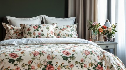 Elegant Floral Bedding Set with Fresh Flowers in Cozy Bedroom