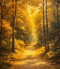 Obraz premium Serene Autumn Pathway Through Vibrant Golden Foliage Illuminated by Soft Sunlight in a Tranquil Forest Setting Perfect for Nature Lovers and Photography Enthusiasts