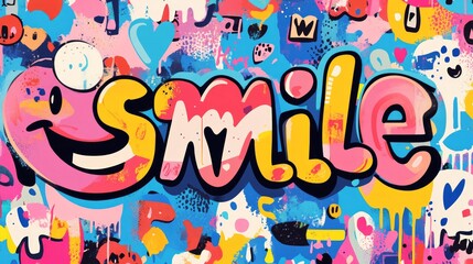 Colorful graffiti-style "Smile" word art with cartoonish smiley face.