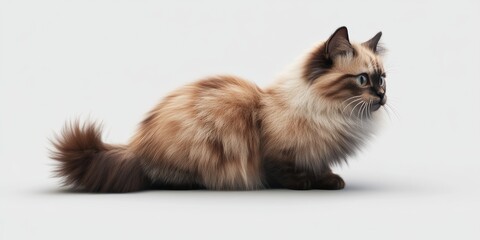 Obraz premium 3D icon of an American Longhair cat with a fluffy tail, looking sideward, fur in shades of light and dark brown, placed on a white background
