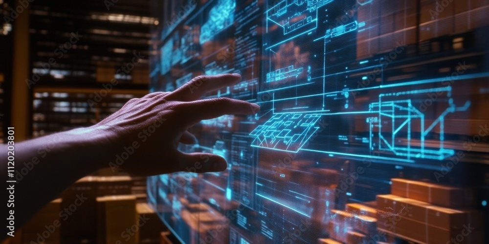 Poster innovative futuristic technology hand interacting with holographic interface displaying logistics da