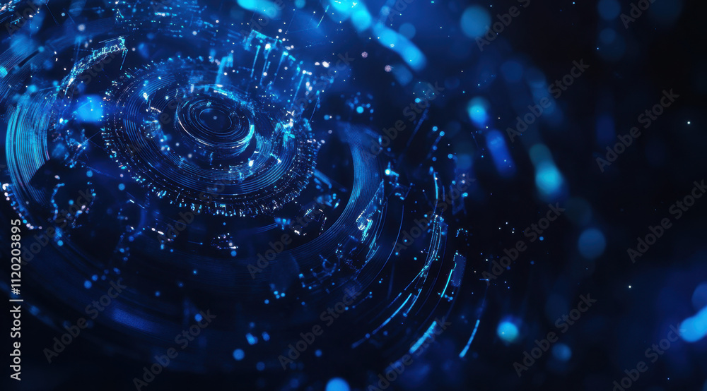 Poster swirling patterns of blue light create an abstract representation of a digital landscape, symbolizin
