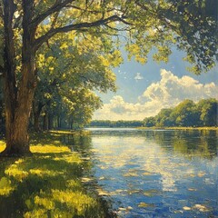 Obraz premium Peaceful River Scene in Nature - Tranquil Waters Reflecting Serenity and Calmness in a Scenic Landscape for Relaxation and Mindfulness