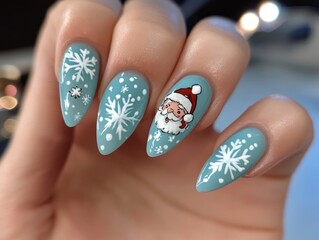 Nails with Light Blue Polish and White Snowflakes with Accents