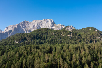 Scenic view of mountain peak Jof di Montasio surrounded by coniferous forest. Majestic ridges of...