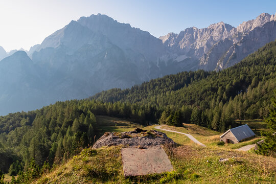 Winding hiking path through lush meadow with view of majestic mountains peaks Julian Alps in Somdogna, Friuli Venezia Giulia, Italy. Slopes covered in coniferous forest. Idyllic hut in Italian Alps