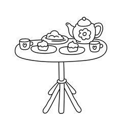 Tea party, coffee table. Teapot with cups. Black and white illustration, hand drawn coloring.