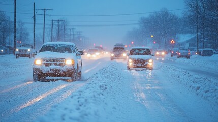 A highway blanketed in thick snow presents hazardous driving conditions, with vehicles cautiously navigating through low visibility and snowdrifts at dusk