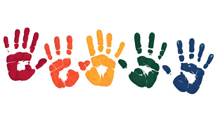 Fototapeta premium a series of vibrant hand prints on a white background, each painted differently. Red, orange, yellow, green, blue, indigo, and violet are the many colors of each single hand print.