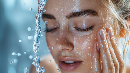 A young blonde woman refreshes herself by rinsing her face under an outdoor shower beside a sparkling swimming pool.