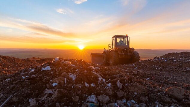 A bulldozer operates at a landfill during a sunset. - Powered by Adobe