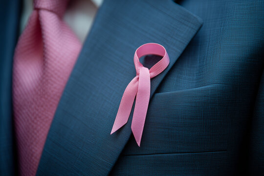 A close-up of a pink ribbon pinned on a suit jacket lapel, symbolizing solidarity in the fight against breast cancer, with subtle depth of field.