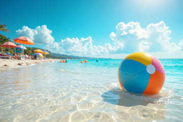 Obraz premium A vibrant beach ball rests in shallow turquoise waters, with colorful beach umbrellas and loungers dotting the sandy shore under a clear blue sky.