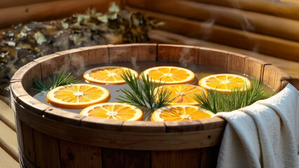 Wooden vat bath font with Water, with citrus and pine needles with steam. Sauna, steaming and phytotherapy with oranges