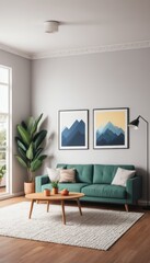 Fototapeta premium a living room decorated with a Christmas theme with a large space, tables and sofas