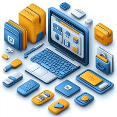 A collection of blue and orange tech accessories and devices arranged around a laptop.