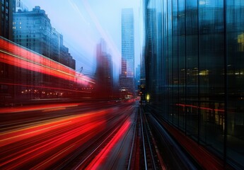Fototapeta premium Urban Cityscape at Dusk with Motion Blur from Traffic Lights, Skyscrapers Illuminated in Evening Glow, Capturing the Essence of Modern City Life