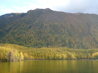Tranquil lake with forested mountains under a clear blue sky.