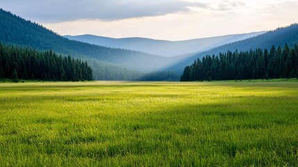 Fototapeta premium meadow and mountains in a serene landscape with greenery and peaceful atmosphere for exploration and tranquility.